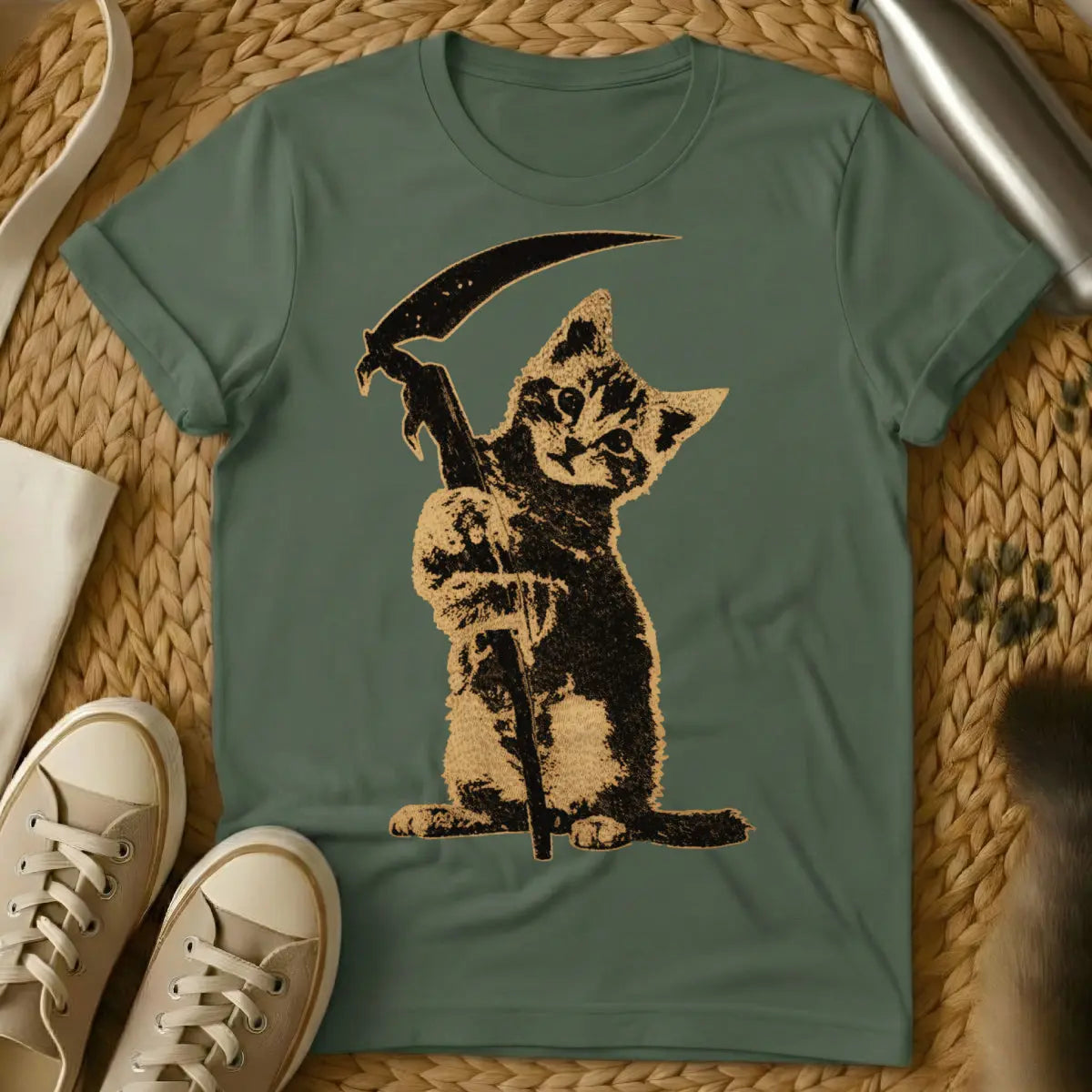 Grim Reaper Cat Shirt - Military Green Cat T-Shirt