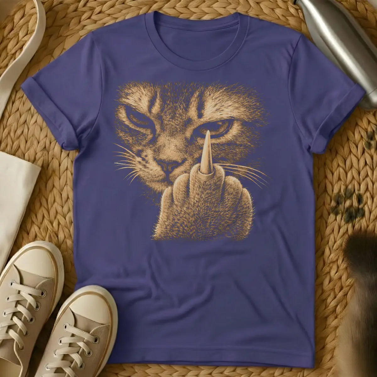 Funny Middle Finger Cat Shirt - Purple T-Shirt - attitude kitty core, blunt message pet, grumpy cat vibe