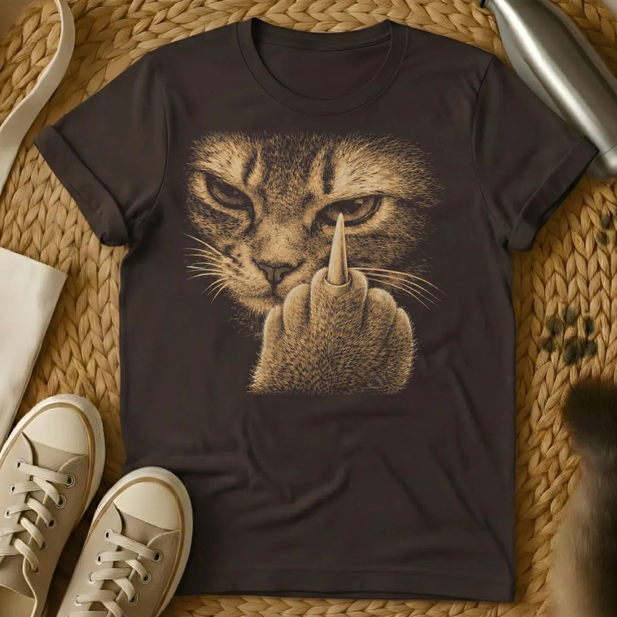 Funny Middle Finger Cat Shirt - Dark Chocolate T-Shirt - attitude kitty core, blunt message pet, grumpy cat vibe