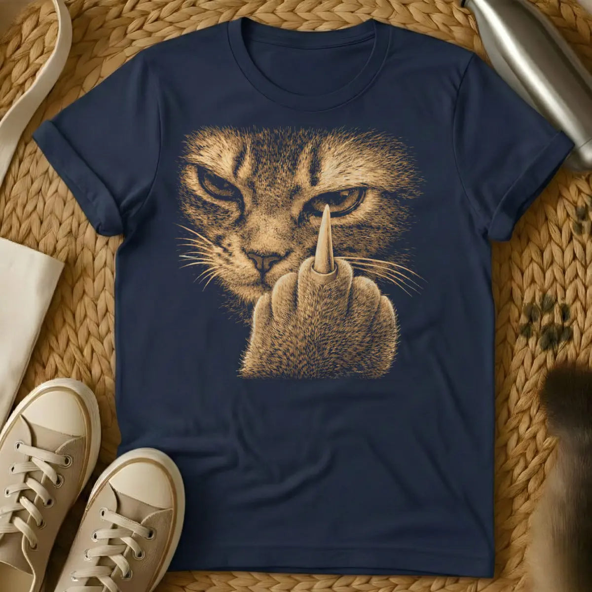 Funny Middle Finger Cat Shirt - Navy T-Shirt - attitude kitty core, blunt message pet, grumpy cat vibe