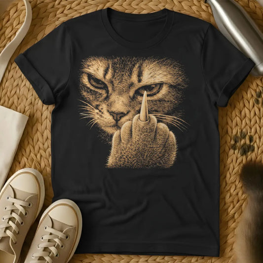 Funny Middle Finger Cat Shirt - Black T-Shirt - attitude kitty core, blunt message pet, grumpy cat vibe