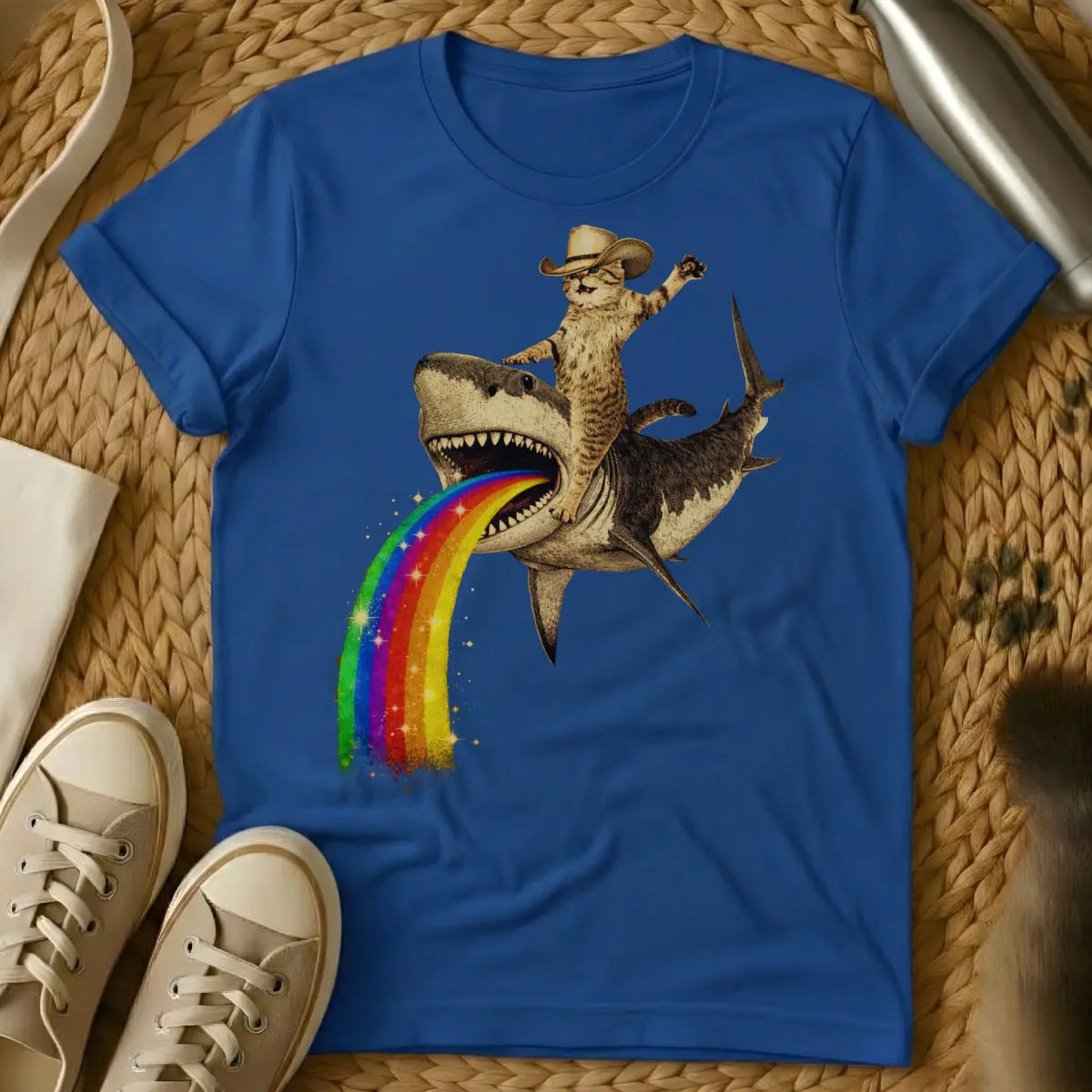 Cowboy Cat Riding Shark Shirt - Blue T-Shirt - absurdist animalia, dank meme art, shitpost aesthetic