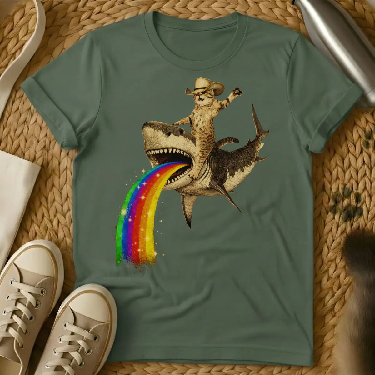 Cowboy Cat Riding Shark Shirt - Military Green T-Shirt - absurdist animalia, dank meme art, shitpost aesthetic