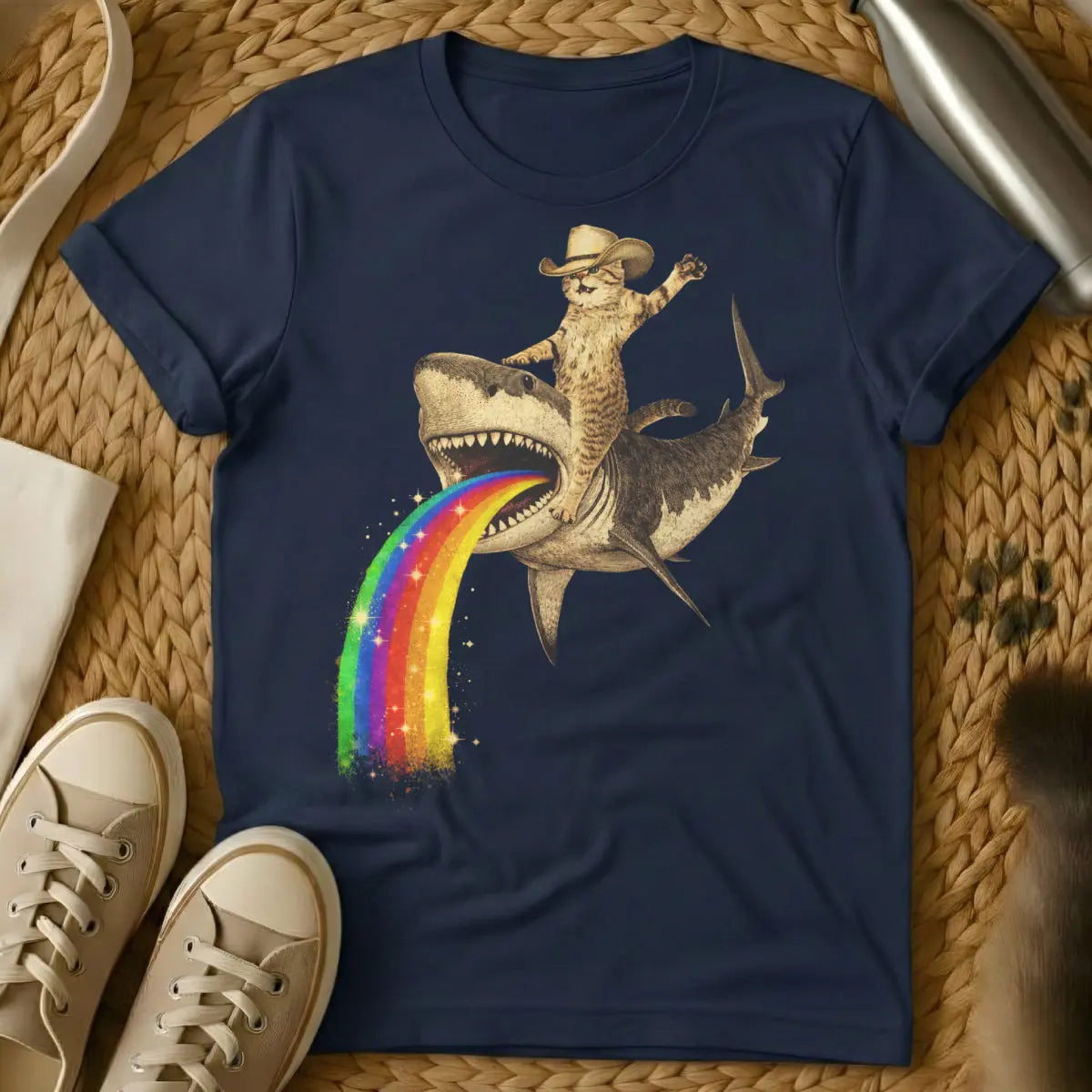 Cowboy Cat Riding Shark Shirt - Navy T-Shirt - absurdist animalia, dank meme art, shitpost aesthetic