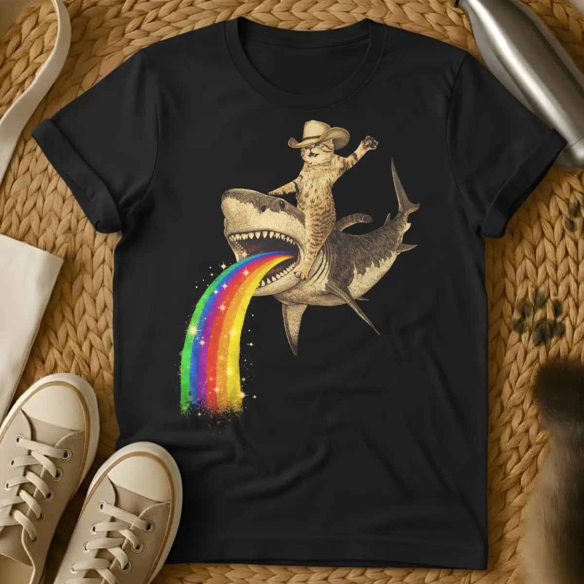 Cowboy Cat Riding Shark Shirt - Black T-Shirt - absurdist animalia, dank meme art, shitpost aesthetic