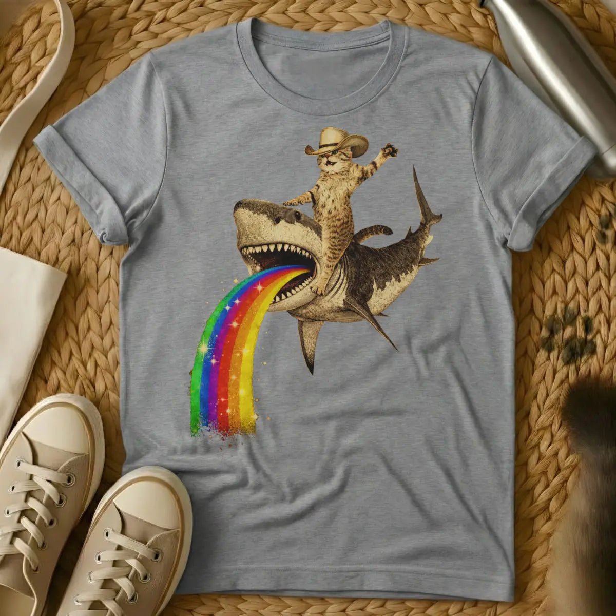 Cowboy Cat Riding Shark Shirt - Gray T-Shirt - absurdist animalia, dank meme art, shitpost aesthetic