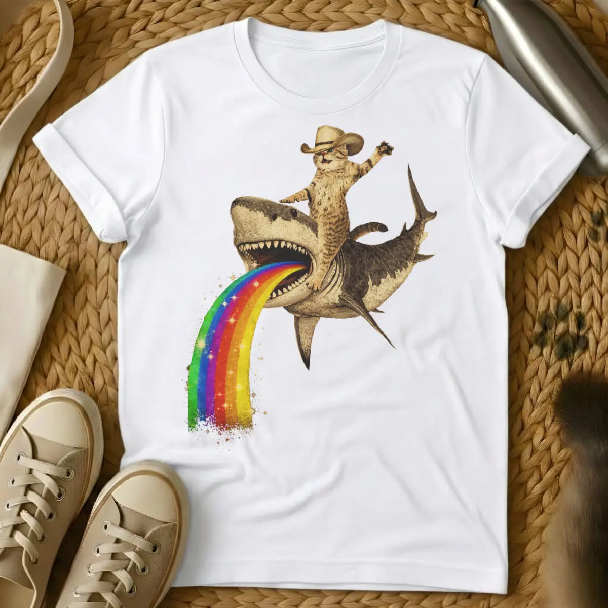 Cowboy Cat Riding Shark Shirt - White T-Shirt - absurdist animalia, dank meme art, shitpost aesthetic