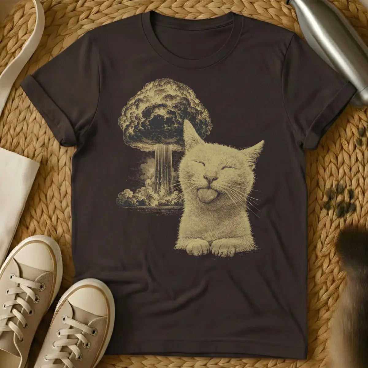 Cat Nuclear Explosion Shirt - Dark Chocolate T-Shirt - absurdist cat art, atomic age humor, chaotic neutral cat