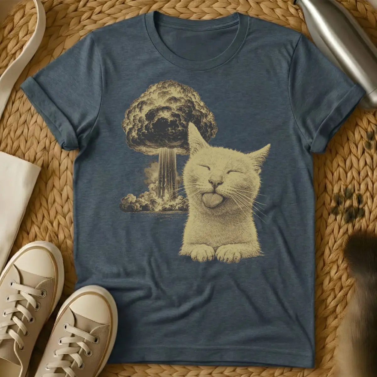Cat Nuclear Explosion Shirt - Dark Heather T-Shirt - absurdist cat art, atomic age humor, chaotic neutral cat