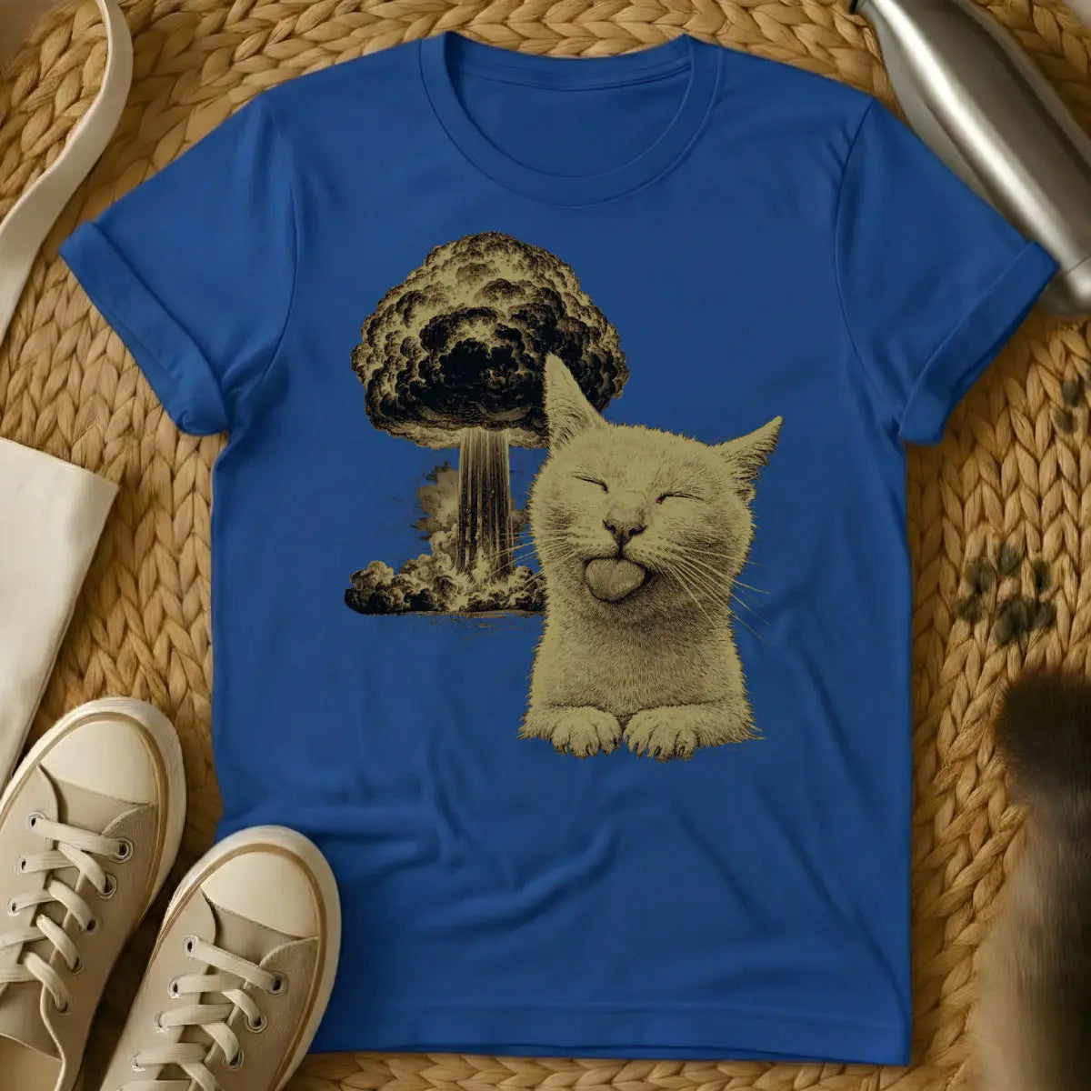Cat Nuclear Explosion Shirt - Blue T-Shirt - absurdist cat art, atomic age humor, chaotic neutral cat