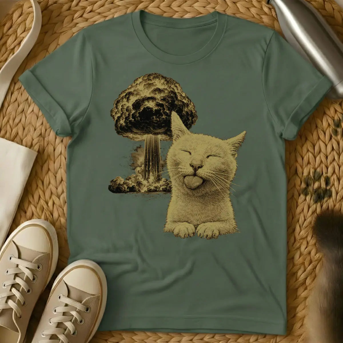 Cat Nuclear Explosion Shirt - Military Green T-Shirt - absurdist cat art, atomic age humor, chaotic neutral cat