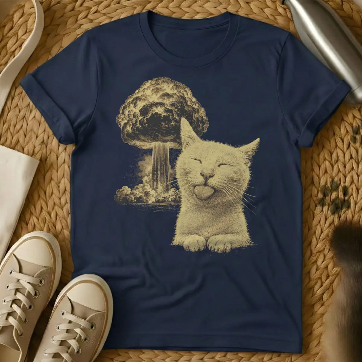 Cat Nuclear Explosion Shirt - Navy T-Shirt - absurdist cat art, atomic age humor, chaotic neutral cat
