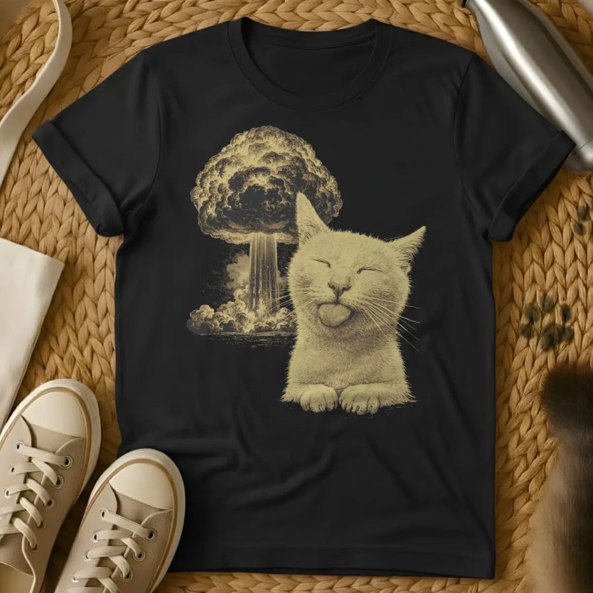 Cat Nuclear Explosion Shirt - Black T-Shirt - absurdist cat art, atomic age humor, chaotic neutral cat