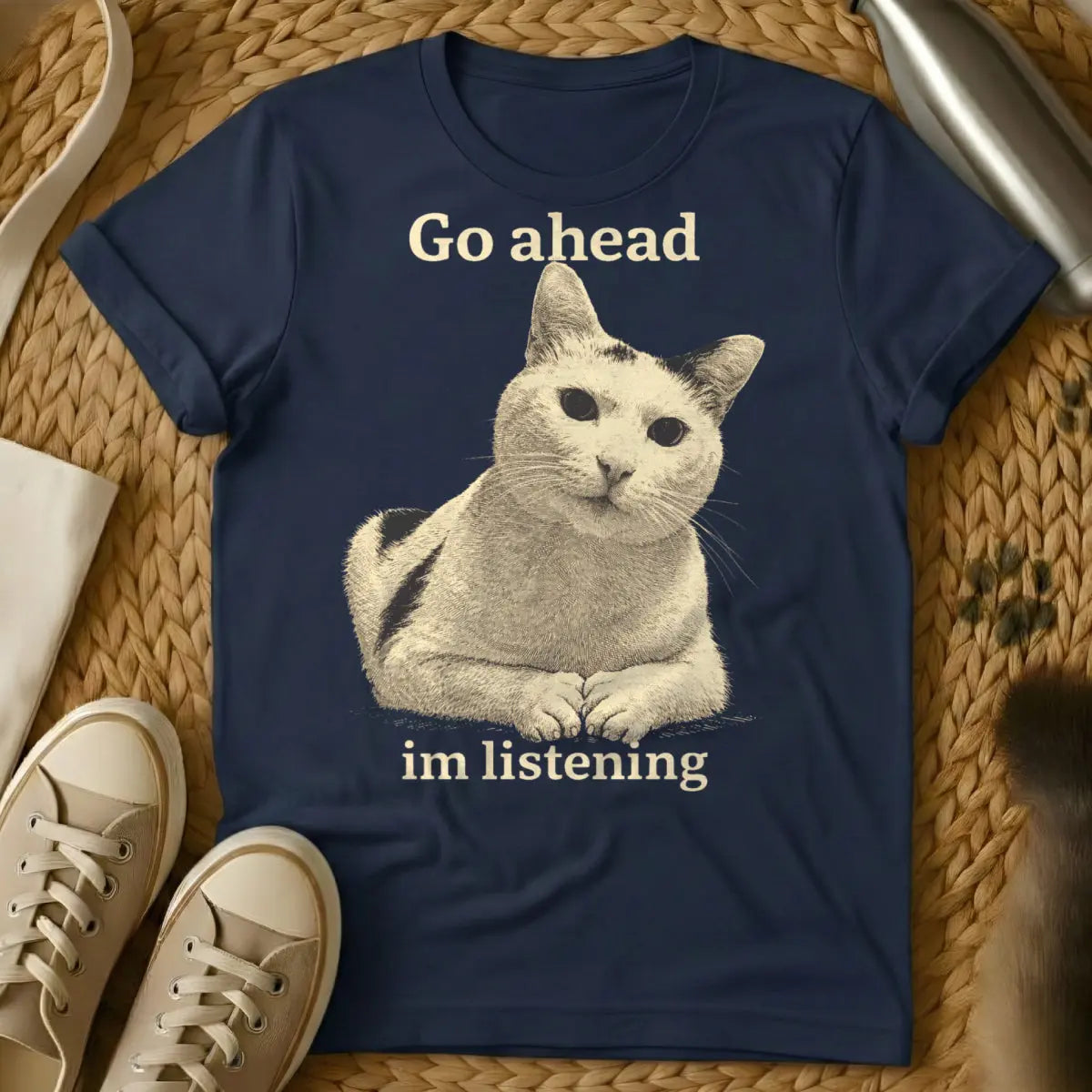 Go Ahead Im Listening Shirt - Navy Cat T-Shirt