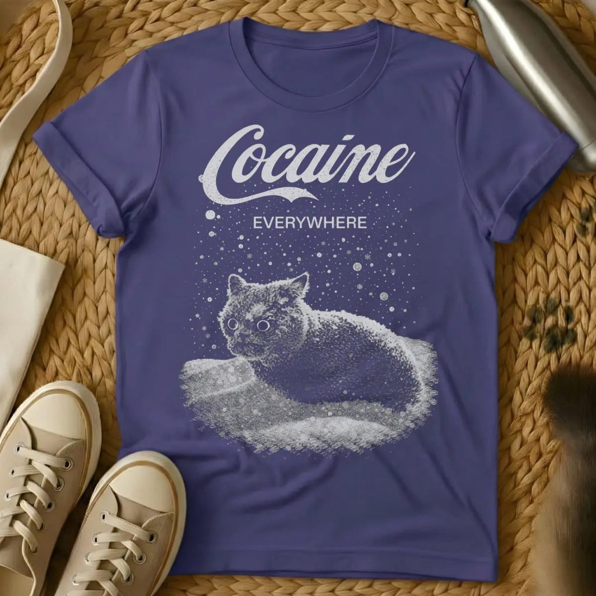 Cocaine Everywhere Cat Graphic - Purple T-Shirt - absurdist cat humor, dark humor cat, domestic cat anarchy