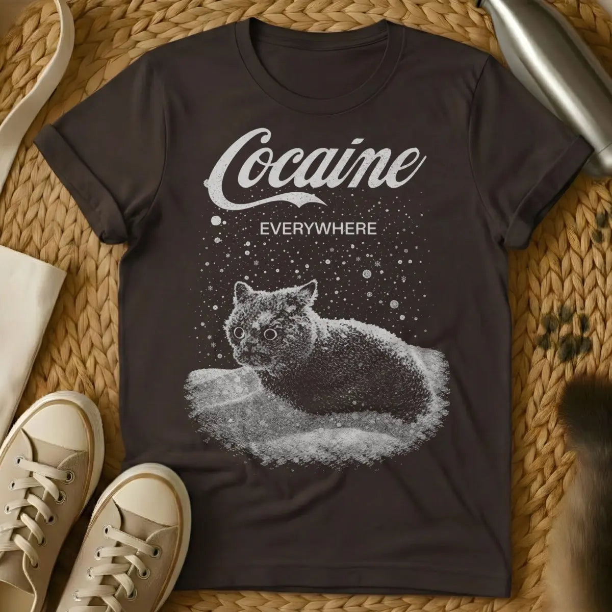 Cocaine Everywhere Cat Graphic - Dark Chocolate T-Shirt - absurdist cat humor, dark humor cat, domestic cat anarchy
