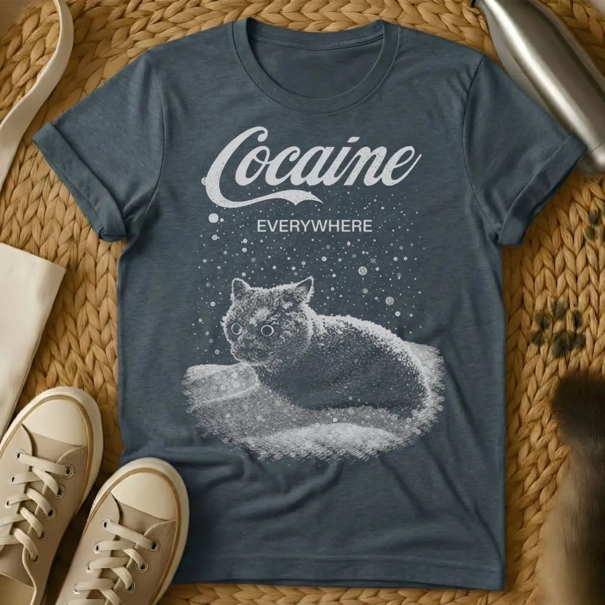 Cocaine Everywhere Cat Graphic - Dark Heather T-Shirt - absurdist cat humor, dark humor cat, domestic cat anarchy