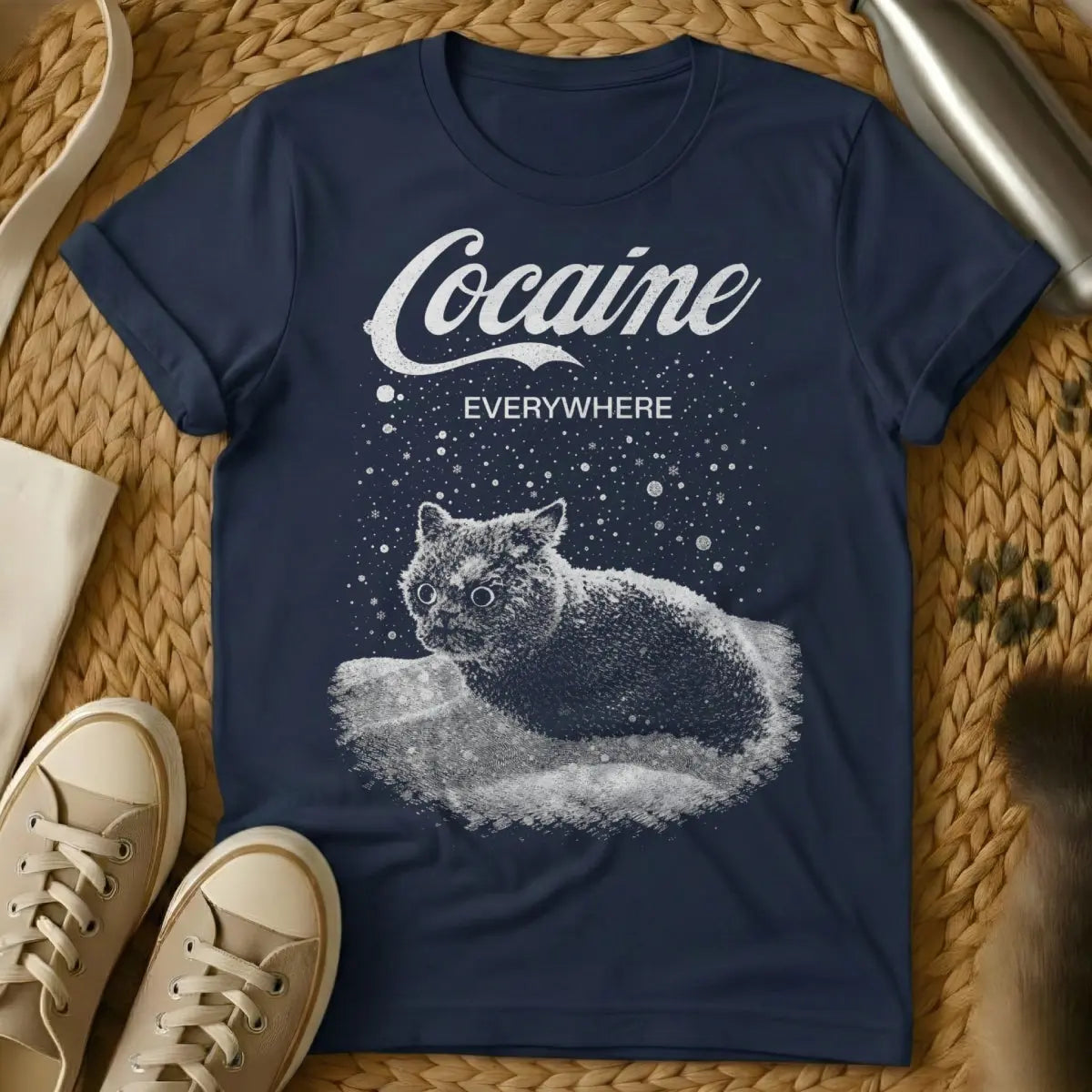 Cocaine Everywhere Cat Graphic - Navy T-Shirt - absurdist cat humor, dark humor cat, domestic cat anarchy