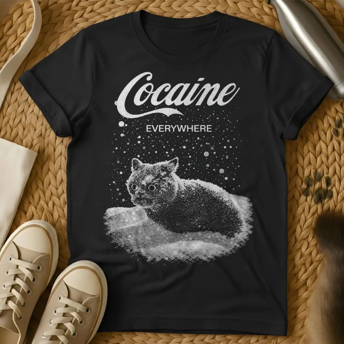 Cocaine Everywhere Cat Graphic - Black T-Shirt - absurdist cat humor, dark humor cat, domestic cat anarchy