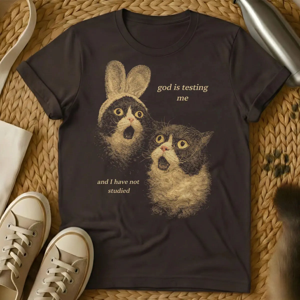 God Is Testing Me Cat Shirt - Dark Chocolate Cat T-Shirt