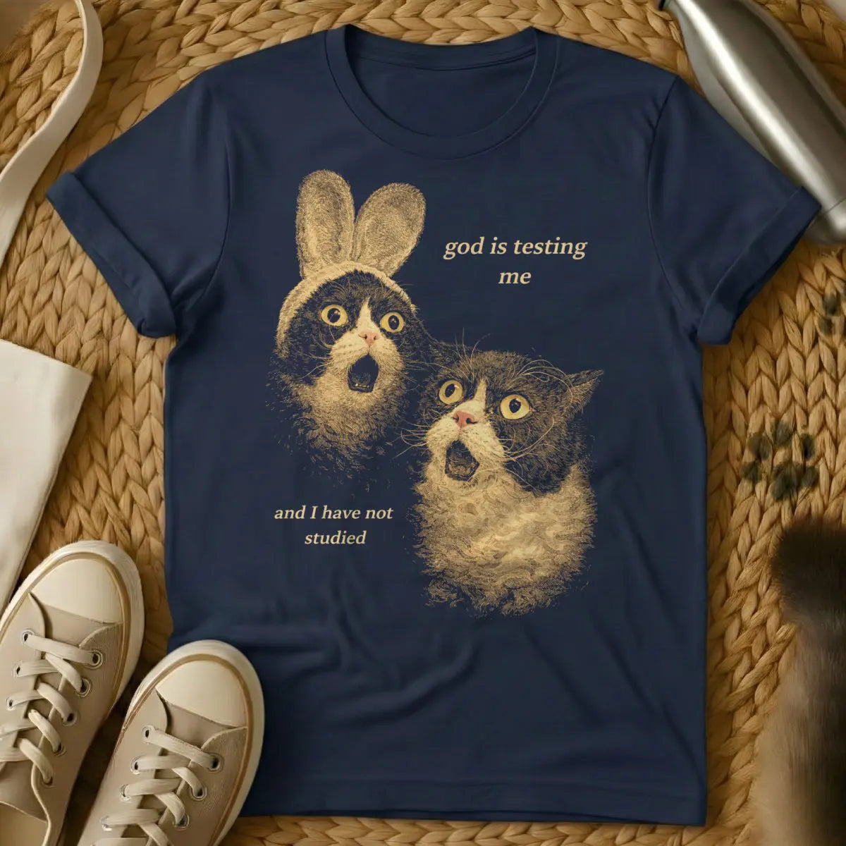God Is Testing Me Cat Shirt - Navy Cat T-Shirt