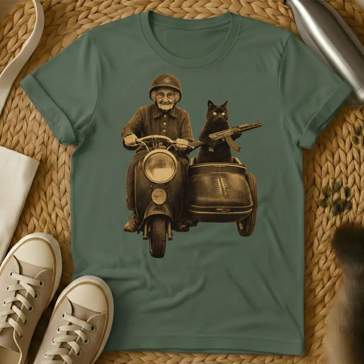 Vintage Chaos Grandma Shirt - Military Green Cat T-Shirt