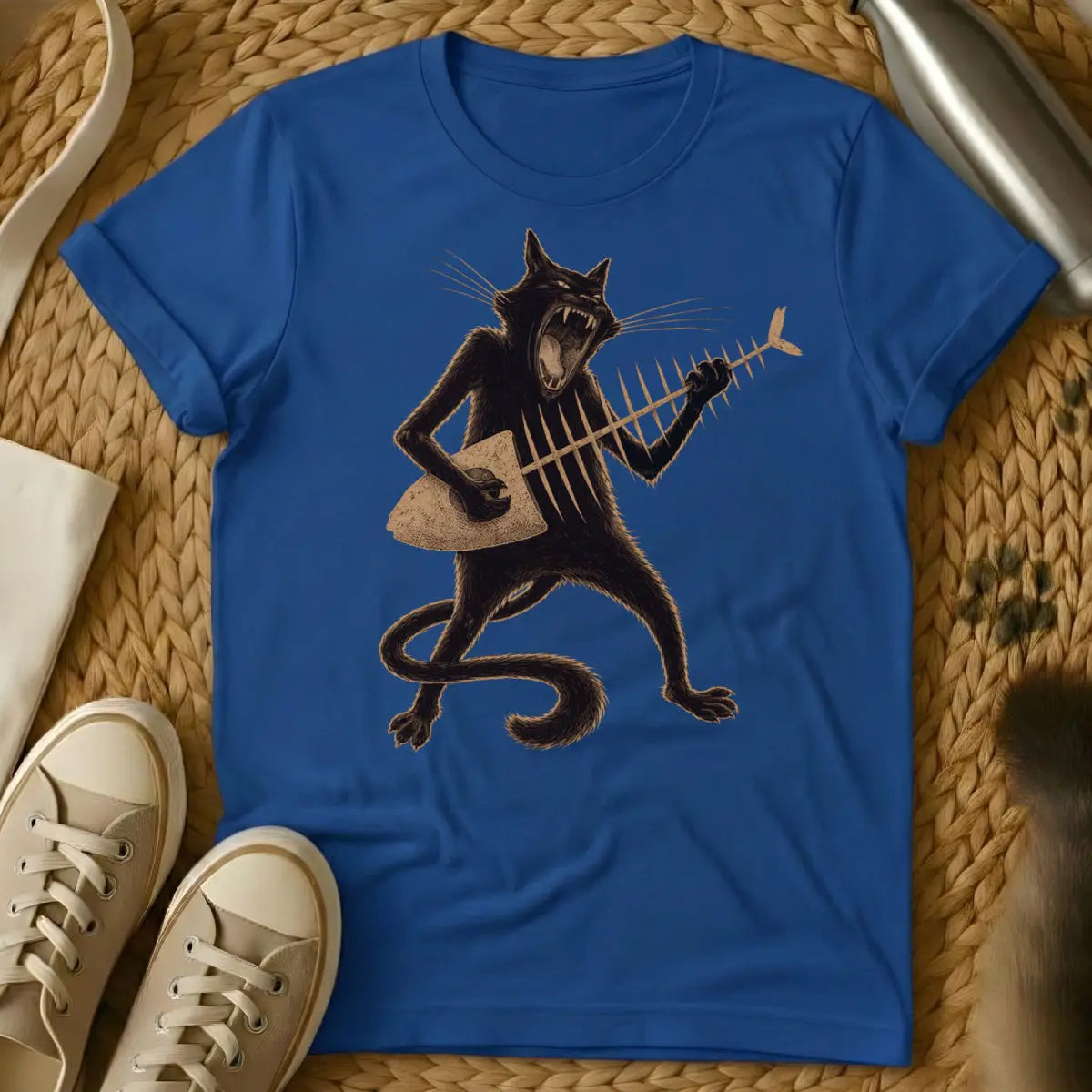 Funny Rock n Roll Cat Tee - Blue T-Shirt - band merch cat, heavy metal cat, music festival cat