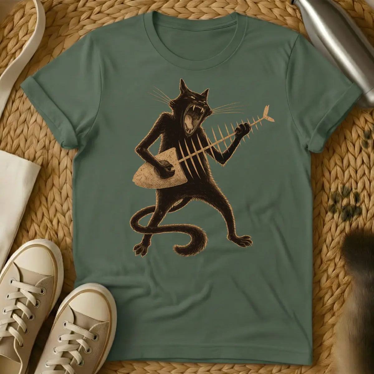 Funny Rock n Roll Cat Tee - Military Green T-Shirt - band merch cat, heavy metal cat, music festival cat