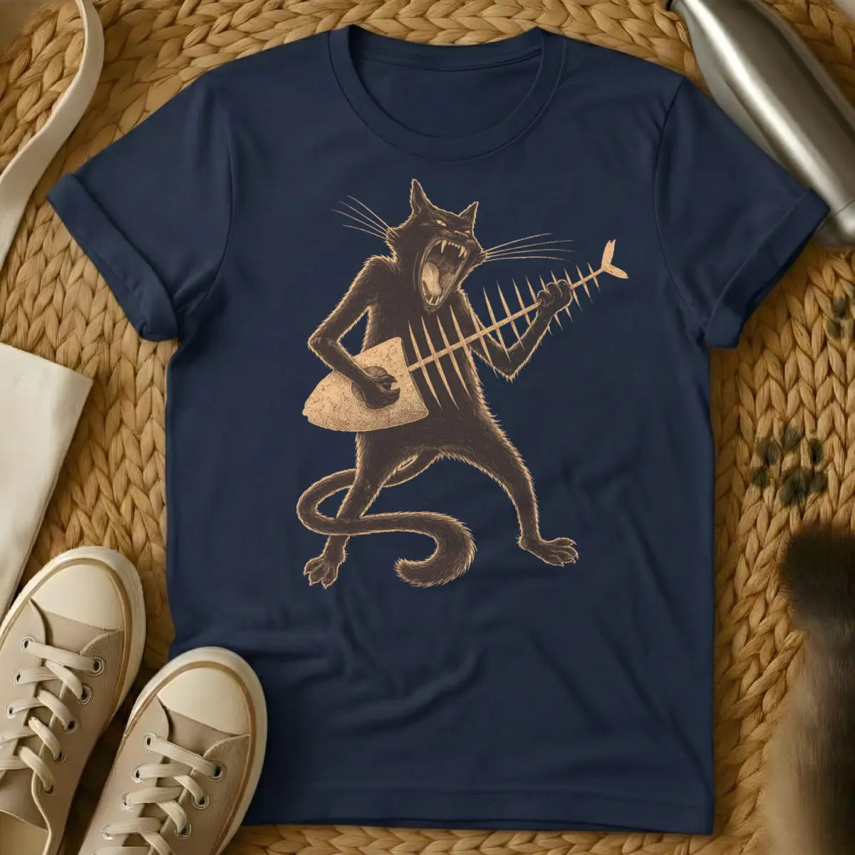 Funny Rock n Roll Cat Tee - Navy T-Shirt - band merch cat, heavy metal cat, music festival cat