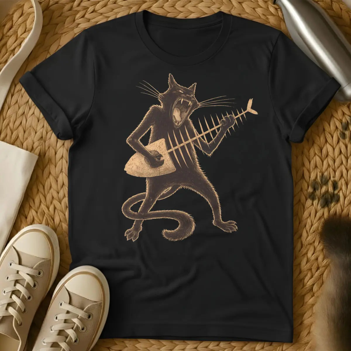 Funny Rock n Roll Cat Tee - Black T-Shirt - band merch cat, heavy metal cat, music festival cat