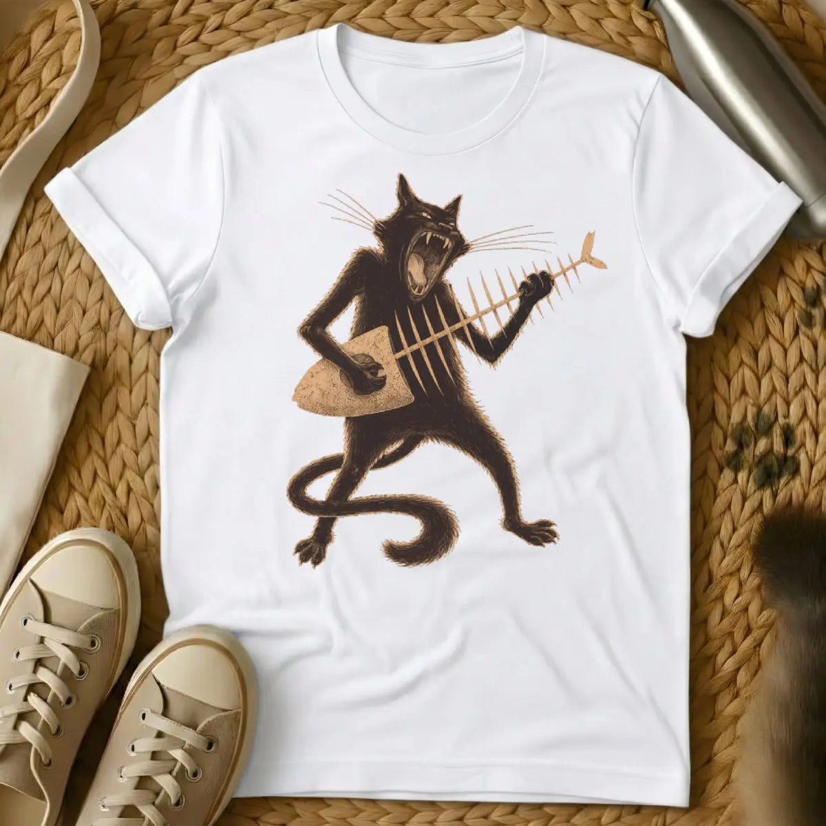 Funny Rock n Roll Cat Tee - White T-Shirt - band merch cat, heavy metal cat, music festival cat