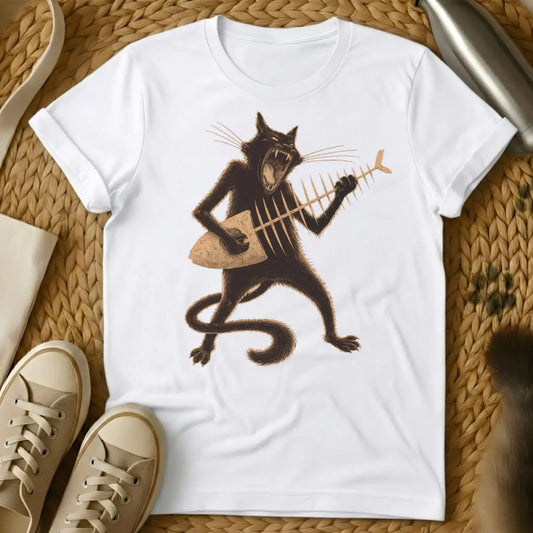 Funny Rock n Roll Cat Tee - White T-Shirt - band merch cat, heavy metal cat, music festival cat
