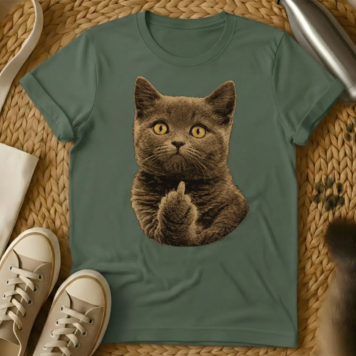 Middle Finger Cat Shirt - Military Green Cat T-Shirt