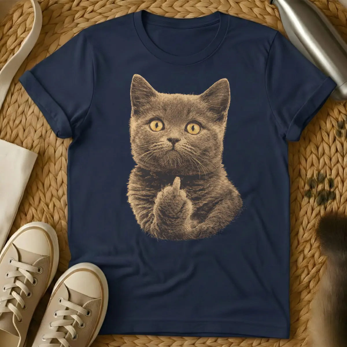 Middle Finger Cat Shirt - Navy Cat T-Shirt