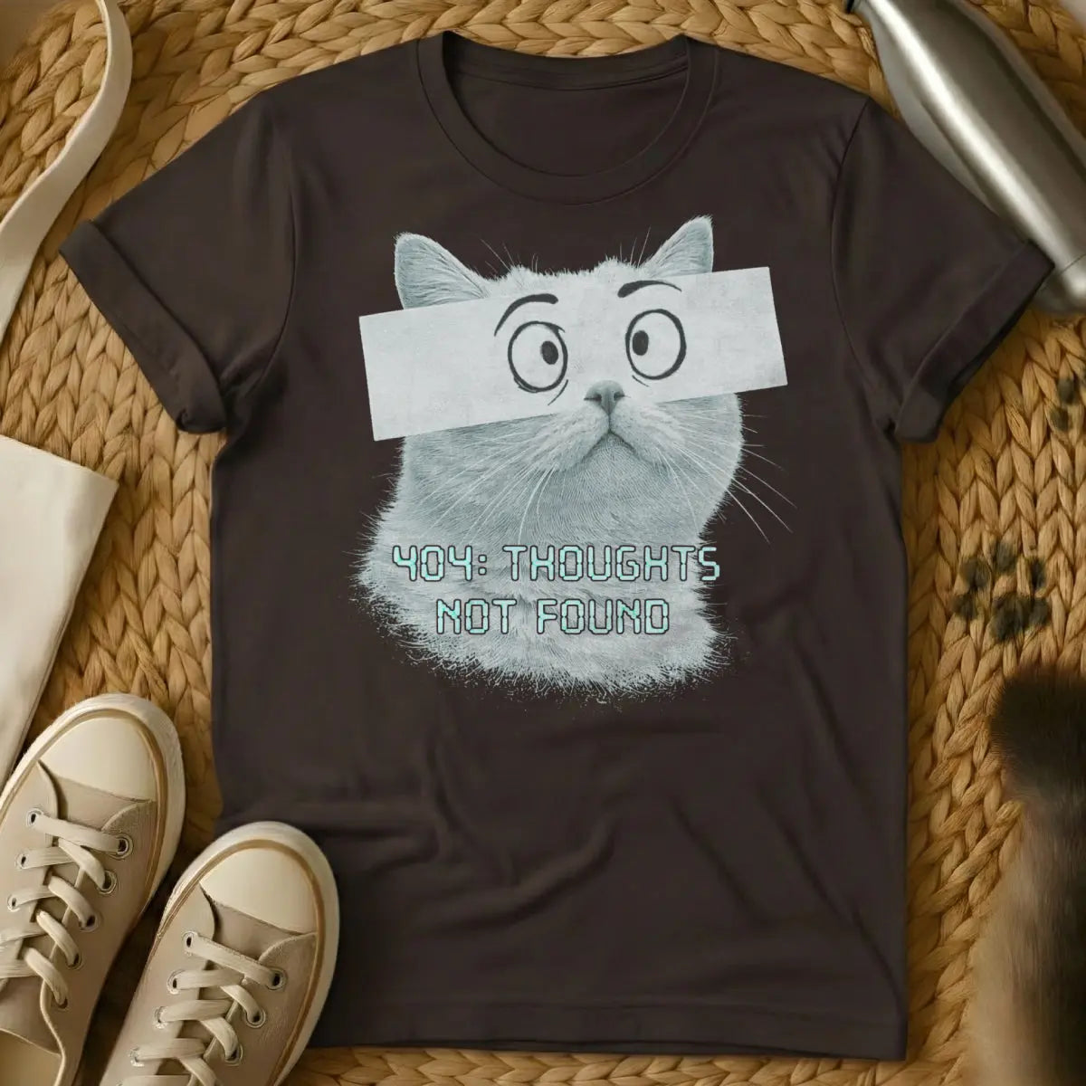 Funny Error Code Cat Tee - Dark Chocolate T-Shirt - debugging humor, glitchcore, keyboard cat