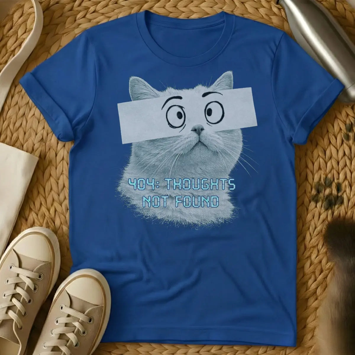 Funny Error Code Cat Tee - Blue T-Shirt - debugging humor, glitchcore, keyboard cat