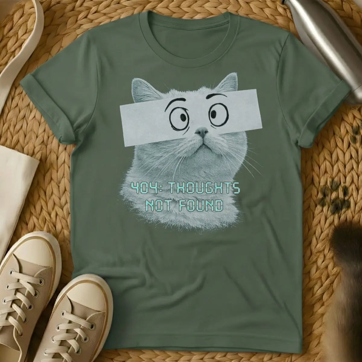 Funny Error Code Cat Tee - Navy T-Shirt - debugging humor, glitchcore, keyboard cat