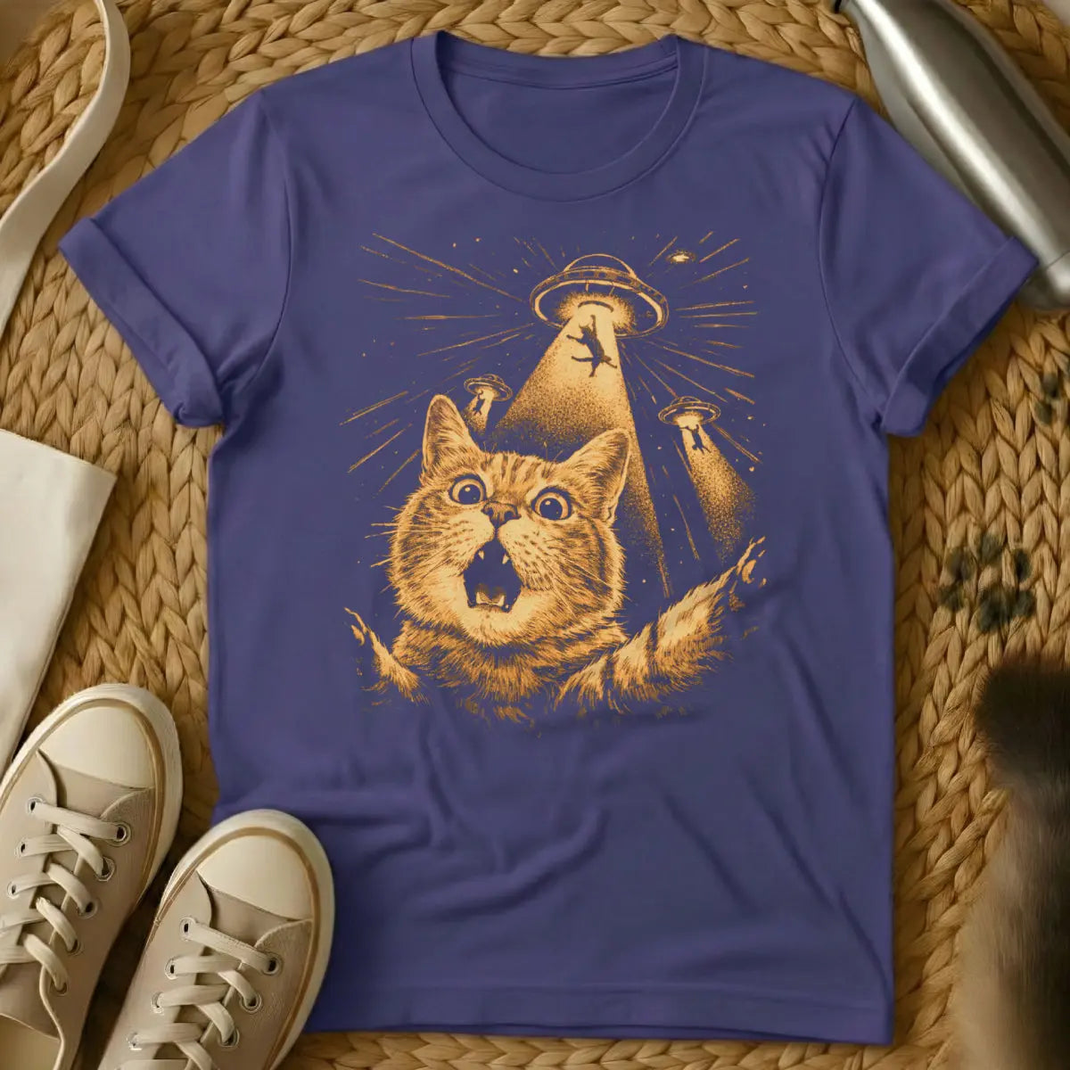 Cat UFO Abduction Shirt - Purple T-Shirt - conspiracy theory humor, extraterrestrial feline, flying saucer art