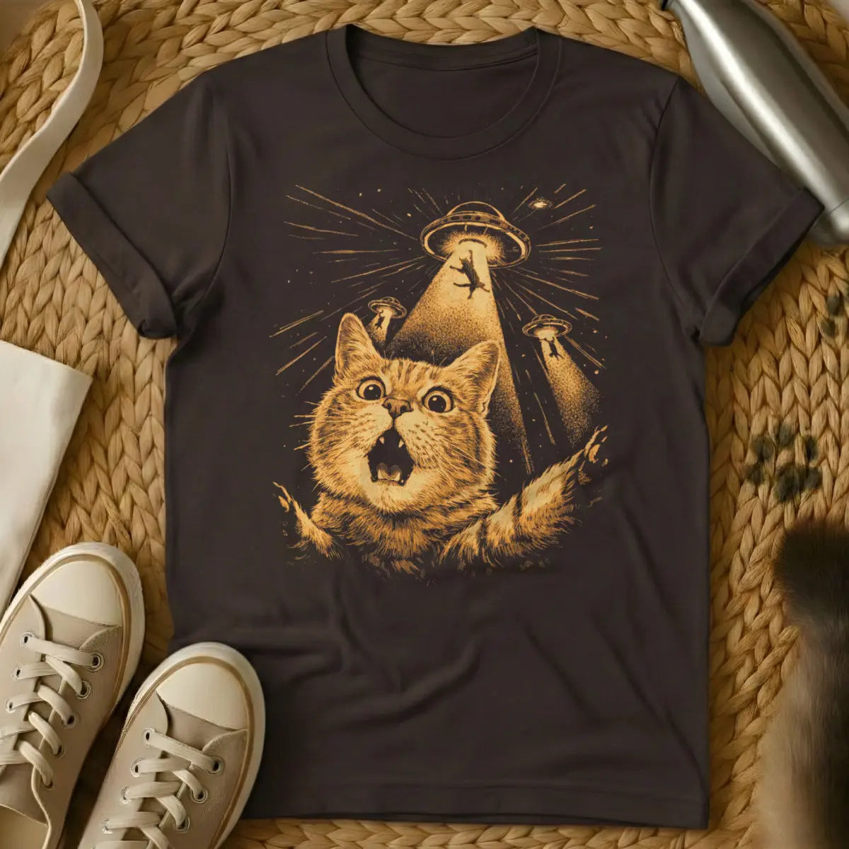 Cat UFO Abduction Shirt - Dark Chocolate T-Shirt - conspiracy theory humor, extraterrestrial feline, flying saucer art