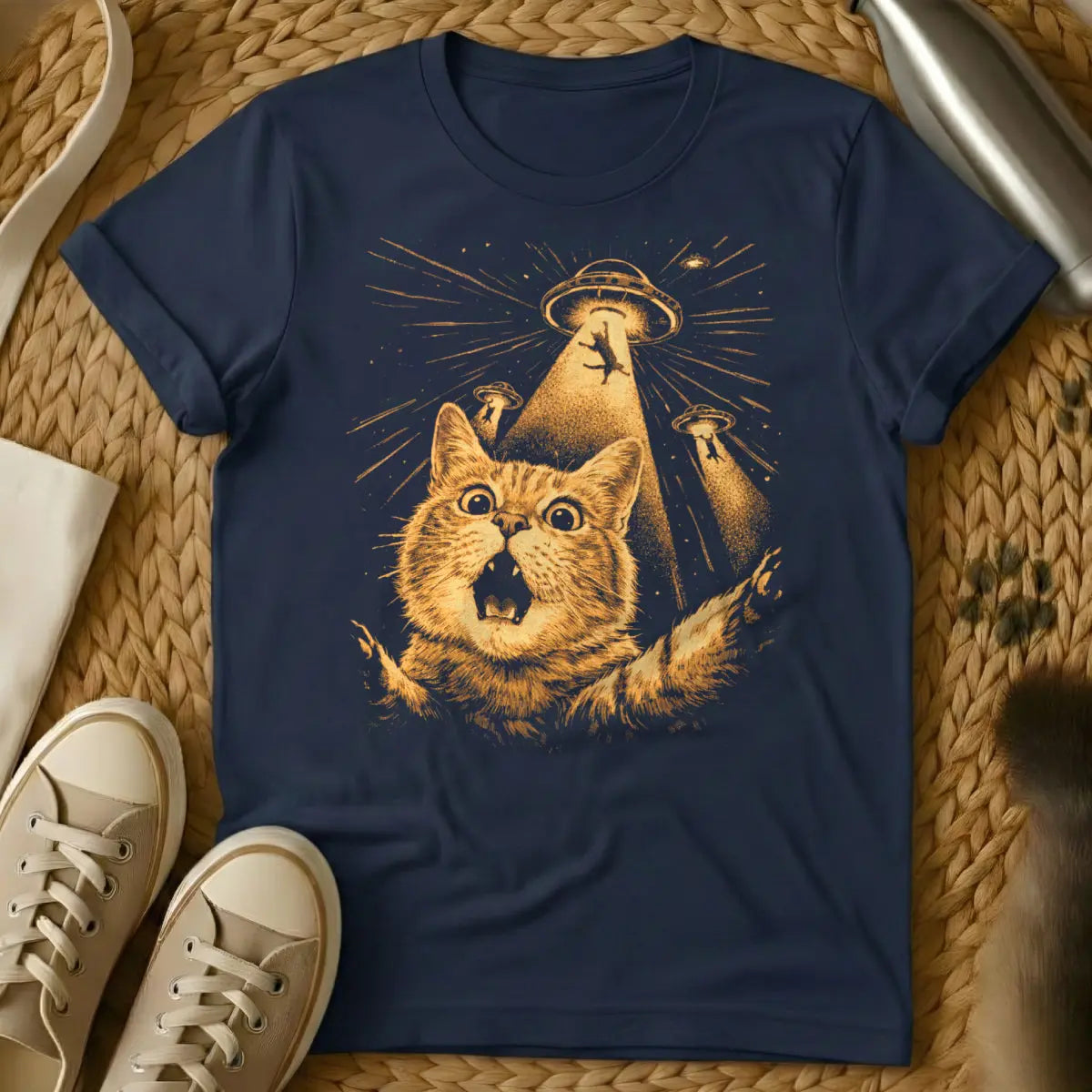 Cat UFO Abduction Shirt - Navy T-Shirt - conspiracy theory humor, extraterrestrial feline, flying saucer art