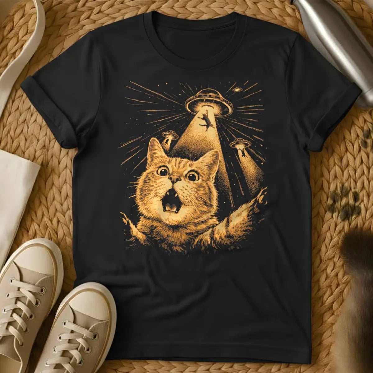 Cat UFO Abduction Shirt - Black T-Shirt - conspiracy theory humor, extraterrestrial feline, flying saucer art