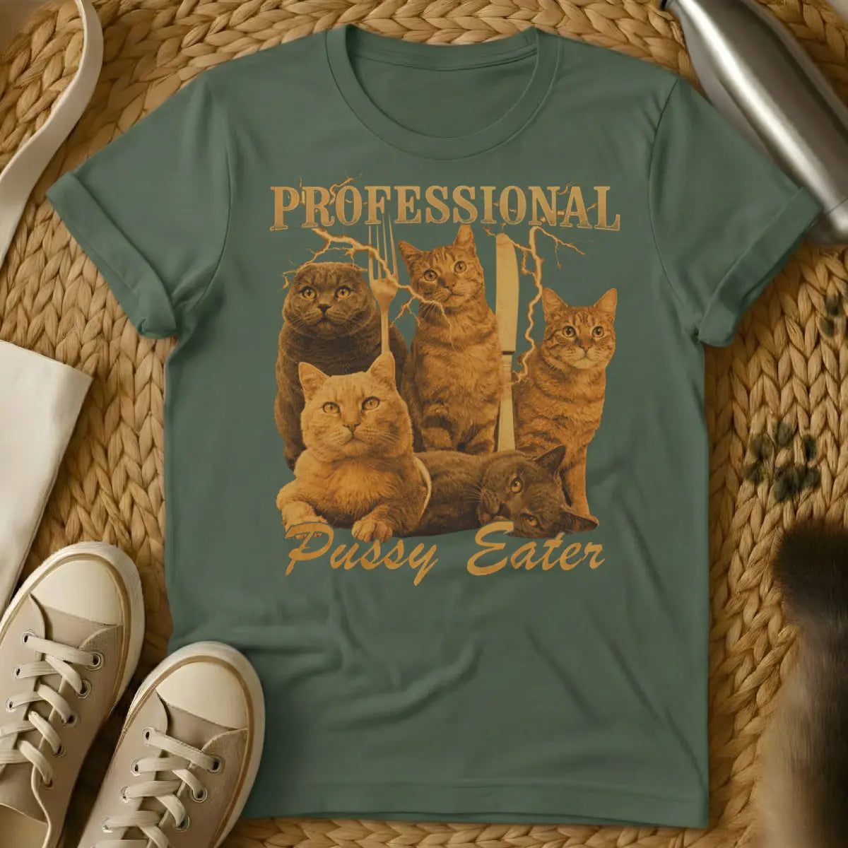 Funny Edgy Cat Graphic Tee - Military Green T-Shirt - anarchist chic, duality art, kawaii goth