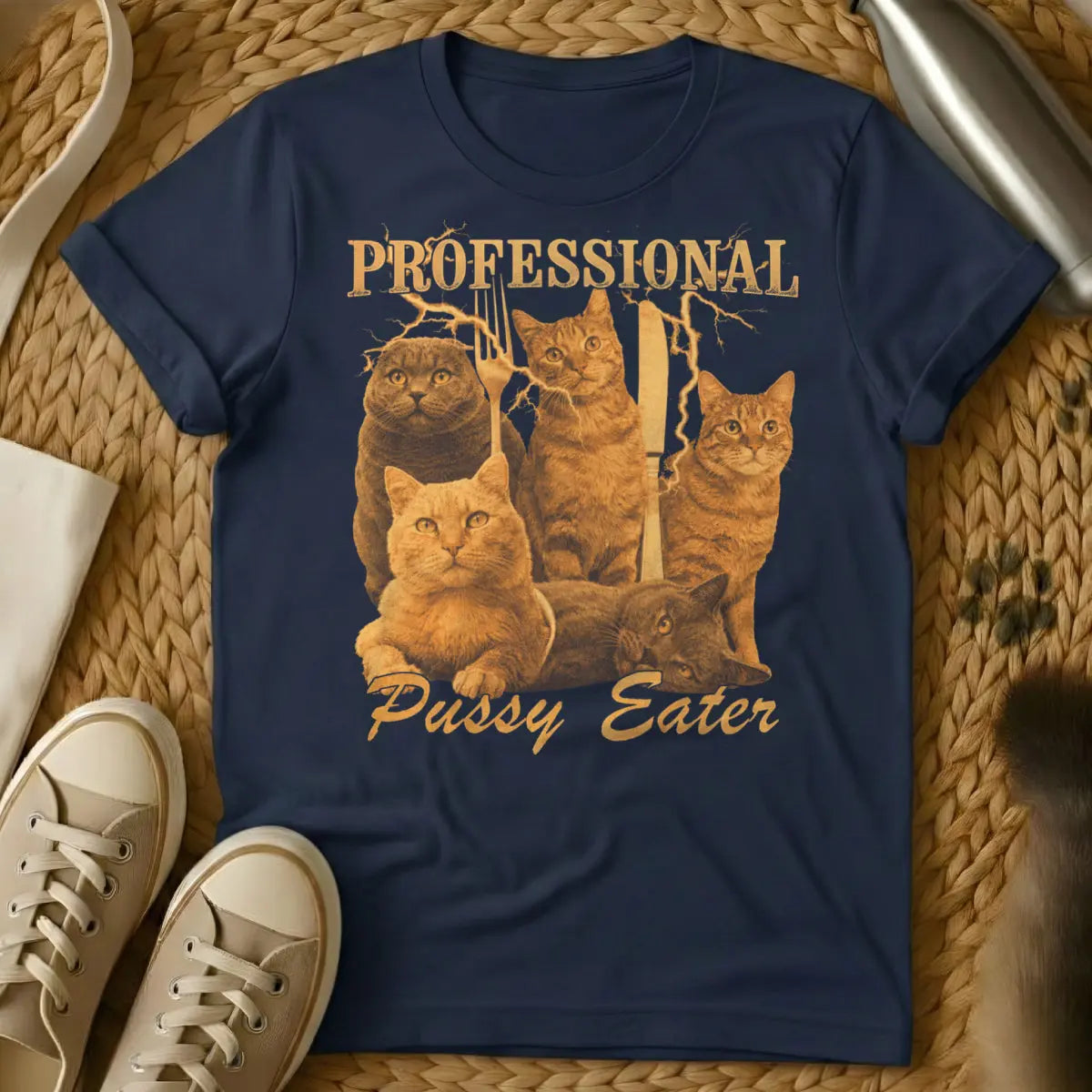 Funny Edgy Cat Graphic Tee - Navy T-Shirt - anarchist chic, duality art, kawaii goth