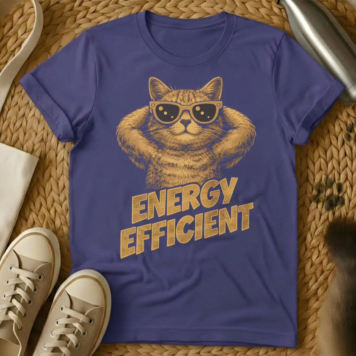 Energy Efficient Cat Shirt - Purple T-Shirt - conscious energy consumption parody, eco-irony, horizontal living philosophy