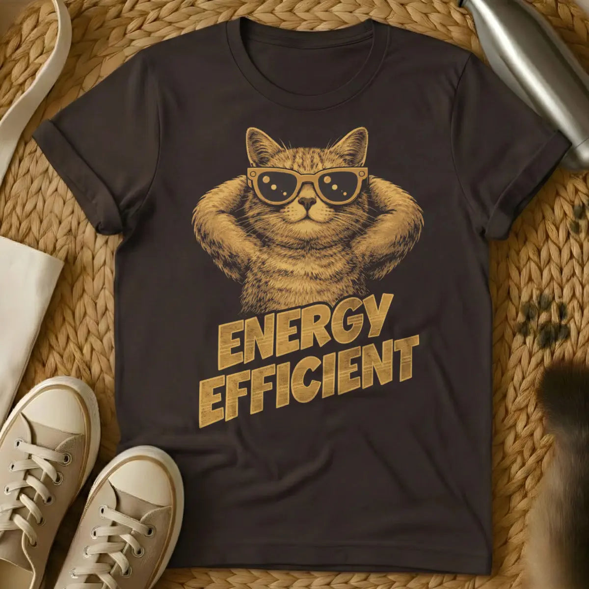 Energy Efficient Cat Shirt - Dark Chocolate T-Shirt - conscious energy consumption parody, eco-irony, horizontal living philosophy