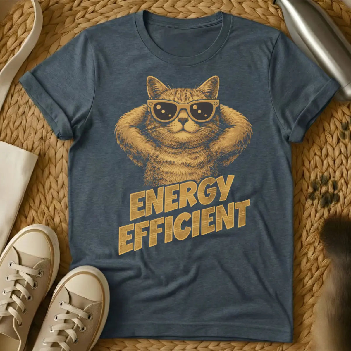 Energy Efficient Cat Shirt - Dark Heather T-Shirt - conscious energy consumption parody, eco-irony, horizontal living philosophy