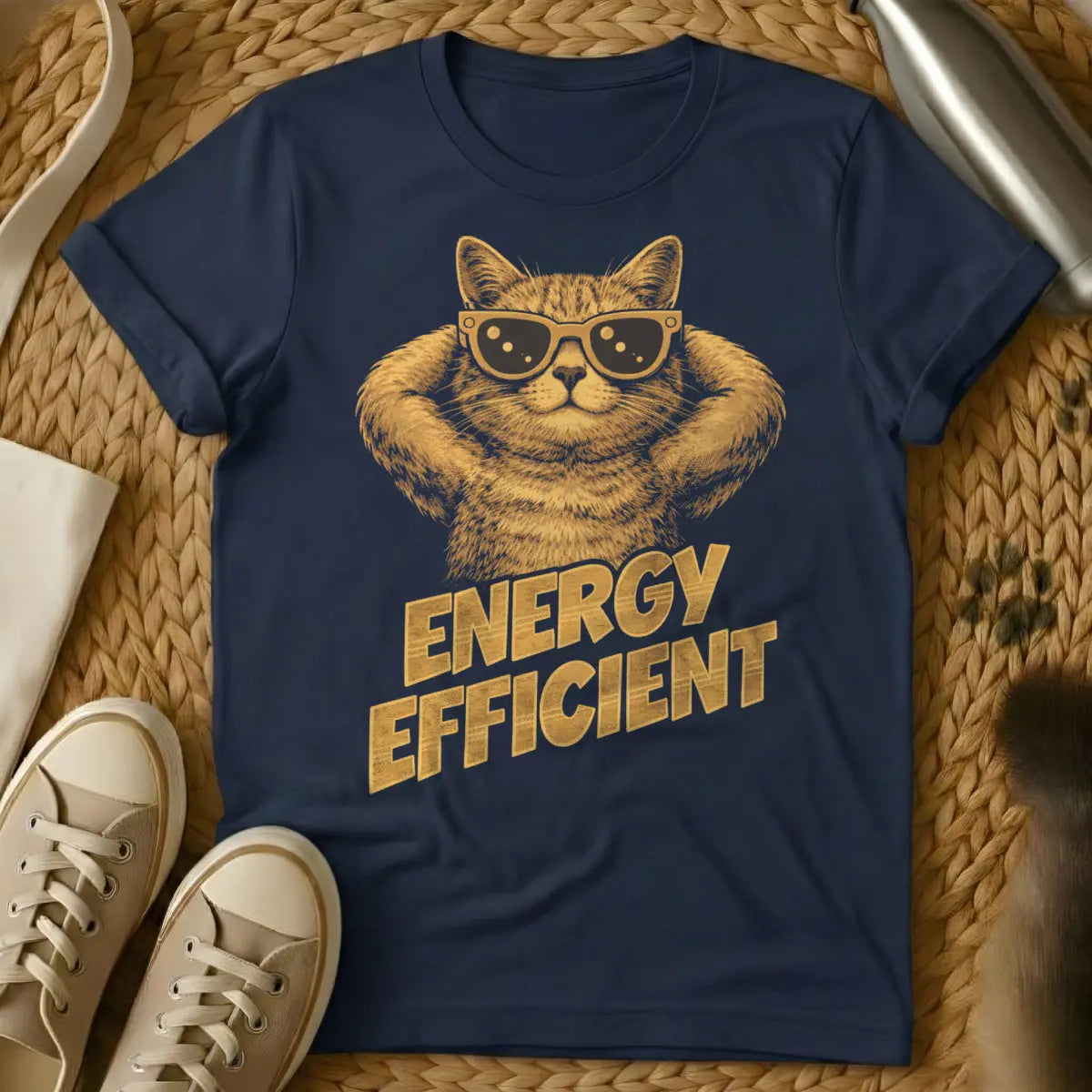 Energy Efficient Cat Shirt - Navy T-Shirt - conscious energy consumption parody, eco-irony, horizontal living philosophy