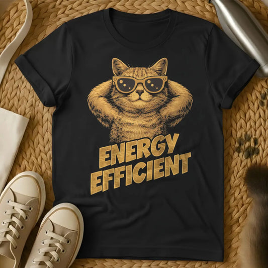 Energy Efficient Cat Shirt - Black T-Shirt - conscious energy consumption parody, eco-irony, horizontal living philosophy