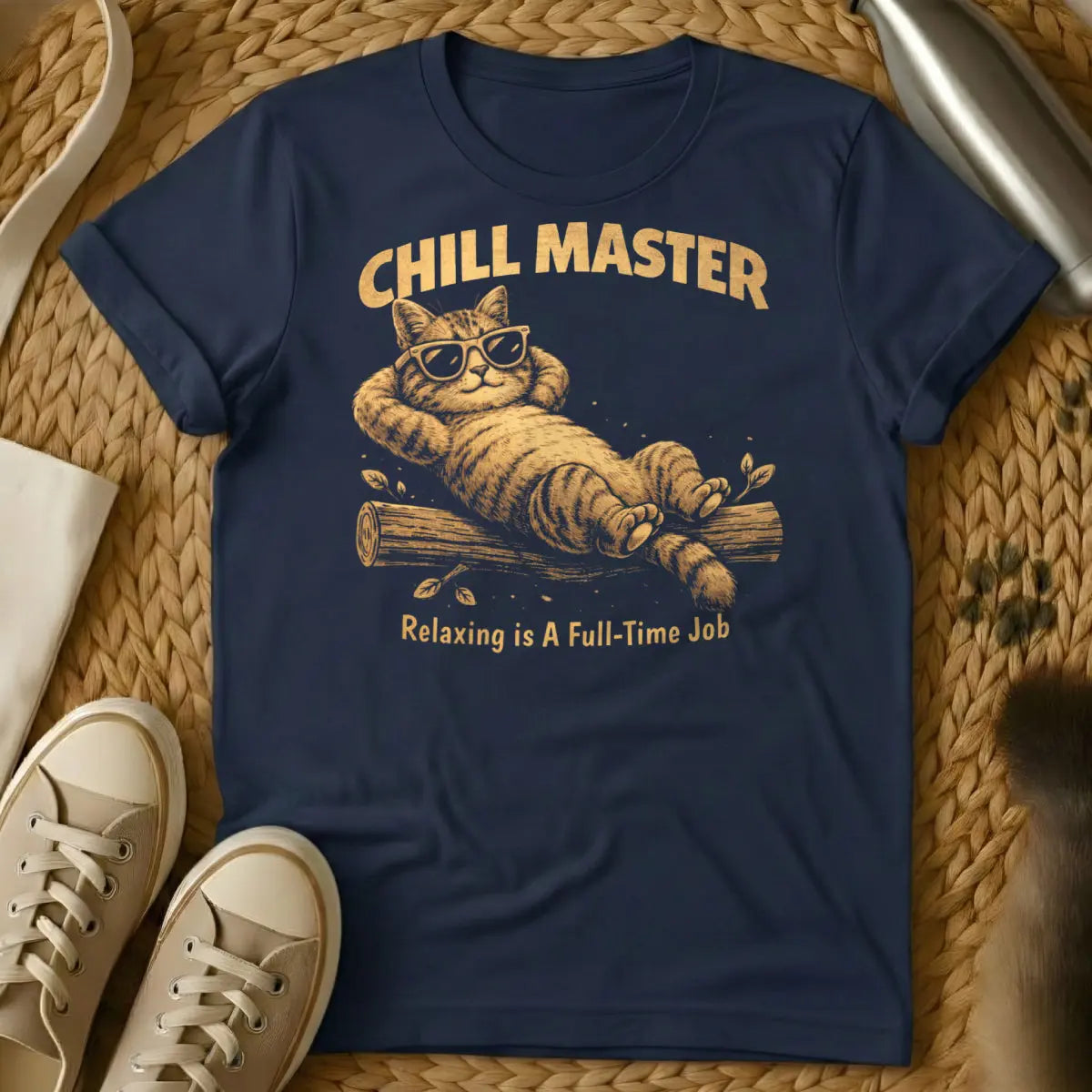 Chill Master Cat Shirt - Navy T-Shirt - academic cat humor, feline scholar degree, lazy cat phd