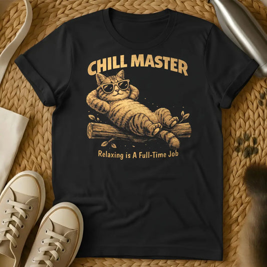 Chill Master Cat Shirt - Black T-Shirt - academic cat humor, feline scholar degree, lazy cat phd